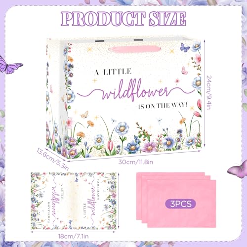 LUUFILx Wildflower Gift Bag for Baby Girls Watercolor A Little Wildflower is On The Way Gift Bag with Wrapping Paper Card Colorful Floral Butterfly Paper Bag for Baby Shower Birthday Party Supplies