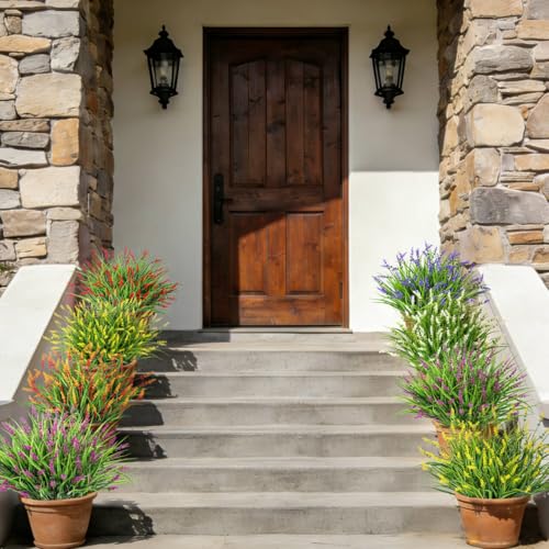 24 Bundles Artificial Plants Flowers Outdoor, Faux Lavender Flowers Fake Monkey Grass UV Resistant Plastic Plant for Porch Garden Patio Window Home Decor, Mixed Color - color: Multi Color