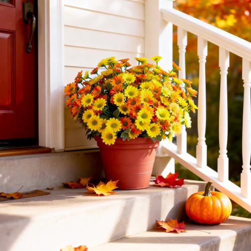 Daisy Artificial Fake Flowers Plants for Outdoor Outside Fall Decor, 6 Bundles Fake Mums UV Resistant Look Real for Planter Pot Porch Patio Balcony Garden Yard (Orange Yellow)