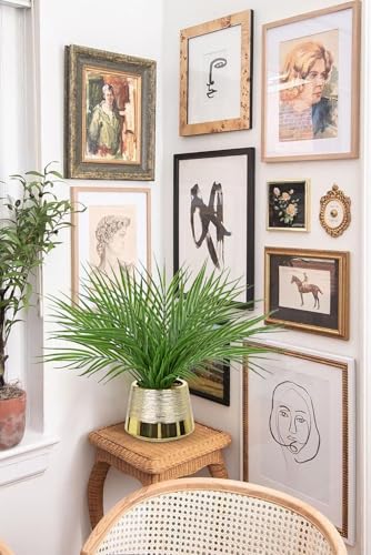 Briful Fake Plants Artificial Palm Leaf Plant in Gold Planter – 15’’ Tall Faux Tropical Greenery in Brushed Gold Pot for Modern Home Decor, Office Desk, Living Room, Shelf, Bathroom Decoration - color: Green#027