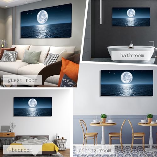 Aibonnly Wall Art Canvas Print Moon Sea Ocean Landscape 1 Panels Full moon Picture Painting Framed and Stretched Ready to Hang for Living Room Bedroom Office Home Decor Artwork 30x60inch - color: Dark Blue, size: 58"L x 29"W