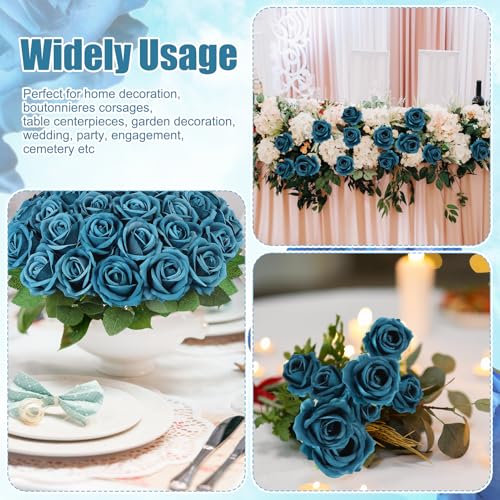 36 Pcs Velvet Texture Teal Artificial Flowers Bridal Bouquet, Fake Rose Long Stem Realistic Flowers Bulk for Valentine's Day Wedding Bouquet Ball Arrangement Centerpiece Party Home Decor - color: Teal