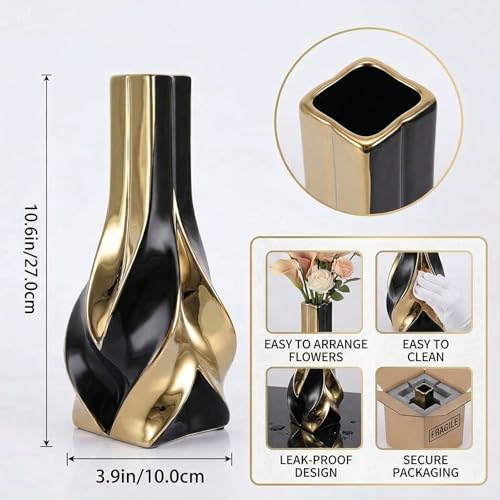 10.6" Black and Gold Ceramic Vase, Modern Geometric Flower Vase for Dining Table Centerpiece, Elegant Decorative Vase for Pampas Grass, Living Room, Bedroom, Office, Tabletop Decoration - color: Black Gold