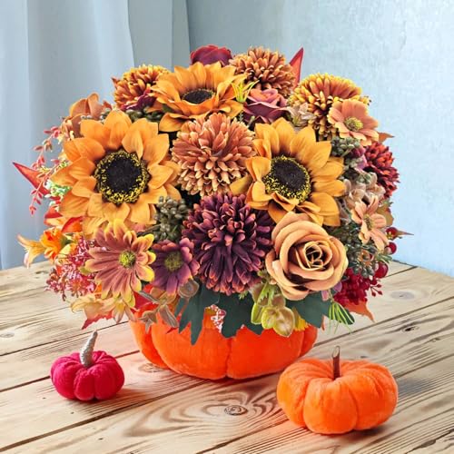 3 Pcs Fall Flowers Artificial Mums Silk Chrysanthemum Rose Sunflowers Daisy Bouquet Fake Mums Faux Floral Arrangements Home Indoor Outdoor Planter Decor Party Wedding Table Autumn Decoration - color: Fall Colors - B