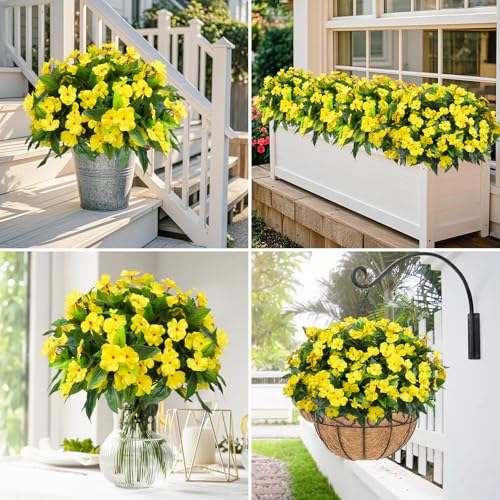 Ouddy Decor 6 Bundles Artificial Impatiens Flowers for Outdoors Decoration, Silk Flowers Bouquet Fake Plants UV Resistant for Spring Summer Garden Porch Window Box Balcony Home Decor, Yellow - color: Yellow