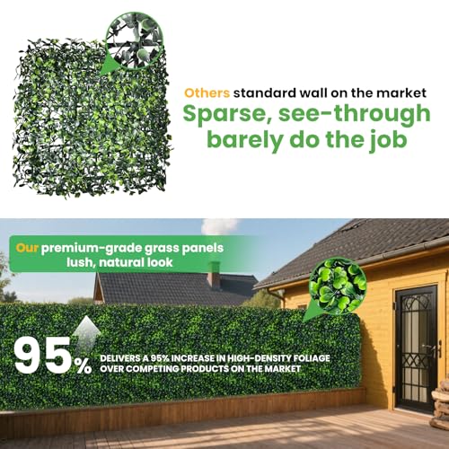 Artificial Grass Wall Panels - 12 Pack 10"x10" Ivy Privacy Fence Screen for Indoor Outdoor, Anti-UV Boxwood Hedge for Wedding & Event Decor, Greenery Wall with DIY Light Strip & Flowers (8.33 Sq.Ft)