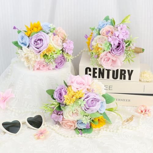 Wildflower Bridesmaid Bouquets 6 Pcs - Pre-Made Spring Artificial Flower Bouquets for Vintage Wedding Bridal Shower Graduations Anniversary Marriage Proposal -7 Inch - color: Wildflower, size: 6pcs Bouquets