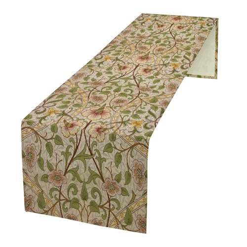William Morris Style Floral Table Runner for Table Decor, Art Rustic Green Botanical Flower Vintage Printed for Kitchen Dining Room Farmhouse Party Holiday Decorate 13" x 36" - color: William Morris_4, size: 13"W x 36"L (Pack of 1)