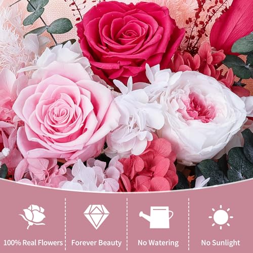 Lewondr Flower for Delivery, Preserved Flowers Bouquet, Pink Roses Bouquet, Real Long-Lasting Forever Birthday Flowers Gifts for Mom Women Wife Grandma Her Mothers Day Anniversary, Light Rose - color: Pink