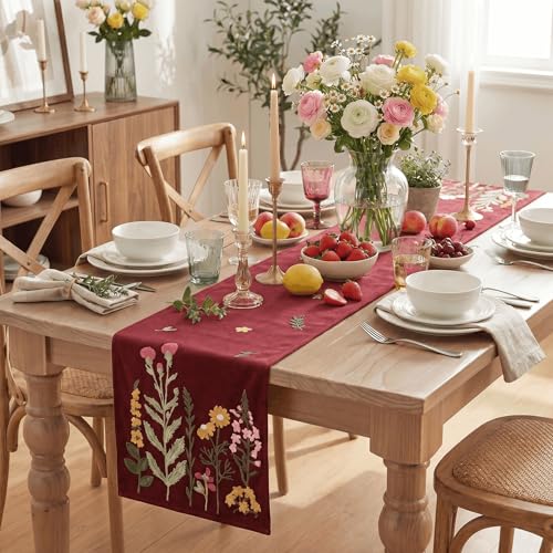 Artoid Mode Red Soft Chain Embroidery Wild Floral Christmas Table Runner, Seasonal Spring Kitchen Dining Table Decoration for Home Party Decor 13x72 Inch - color: Red, size: 13" x 72", Table Runner