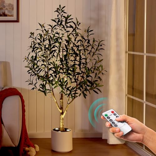 Verinatural Olive Trees Artificial Indoor 5FT - Realistic Fake Plants with Remote LED Spotlights, White Planter - Faux Olive Tree for Home Living Room Office Floor Bedroom Decor,VN214 - size: 5ft