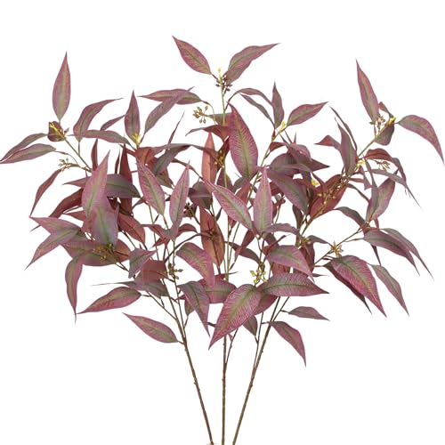 Briful Faux Fall Stems Eucalyptus Stems with Seeds Realistic Artificial Branches for Vase 3PCS Faux Greenery Stems DIY Floral Arrangement for Vase Home Decor Farmhouse Wedding Centrepieces - color: Red