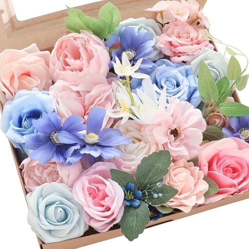 Floroom Pink Blush Blue Artificial Flowers Fake Roses Peonies and Greenery Combo Box Set for DIY Wedding Bouquets Bridal Shower Centerpieces Floral Arrangements Party Tables Home Decorations - color: Ethereal Blossom Symphony