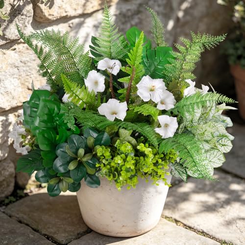 Hrobek Outdoor Faux Plants UV Resistant - 8 Bouquets Realistic Artificial Eucalyptus Fern Morning Glory Greenery for Patio Garden Front Porch Decor Weatherproof Fake Plants for Outside - color: Flowers and Greenery Mix