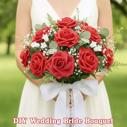 Artificial Flowers, 25 Pcs Red Foam Fake Roses Bulk for Flower Decoration DIY Wedding Bouquets, Artificial Rose with Stems for Centerpieces Bridal Shower Party Christmas Tree Cake Decor - color: Red