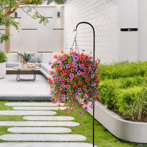 INQCMY Artificial Faux Hanging Flowers Plants Basket for Outdoor Outside Spring Decoration,UV Resistant Fake Silk Daisy in Planter Resistant Look Real for Home Porch Balcony Patio Yard Decor - color: Red Purple