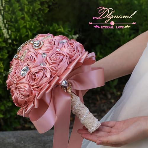 Artificial Everlasting Flower Hand Bouquet for Weddings and Photo Shoots, Crystal Peplum, Pink Rose Satin, Pearl Embellishments, Ribbon to Match, No Watering (Pink) - color: Expensivepink