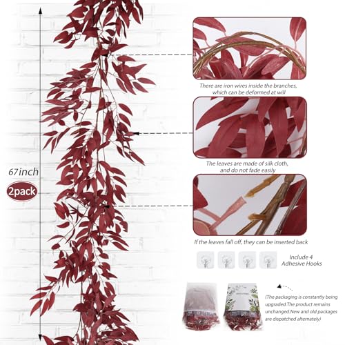 RECUTMS Artificial Hanging Willow Leaves Vine Twigs 2Pcs 5.7Ft Fake Silk Burgundy Leaf Ivy Fall Garland Faux Greenery Indoor Outdoor Valentines Day Wedding Birthday Christmas Thanksgiving Party Decor - color: Willow Vines Burgundy 2pcs