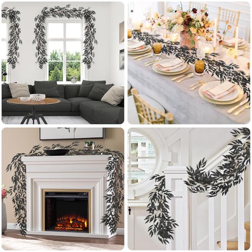 RECUTMS Artificial Hanging Willow Leaves Vine Twigs 2Pcs 5.7Ft Halloween Black Leave Garland Fake Silk Willow leaf Ivy Faux Greenery Plant for Indoor Outdoor Jungle Birthday Fall Christmas Party Decor - color: Brown