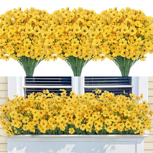Bassion 24 Bundles Artificial Flowers for Outdoors Decoration, UV Resistant Yellow Silk Fake Faux Flowers Artificial Plants for Outside Window Box Porch Garden Home Decor - color: Yellow