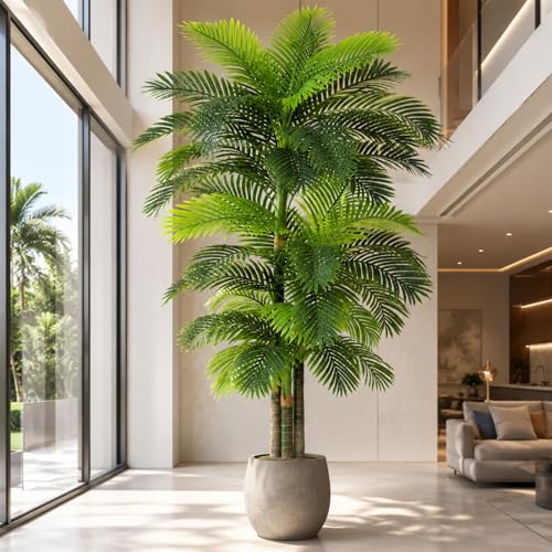 10ft Tall Triple Golden Cane Palm Artificial Tree Large Tropical Palm Tree UV Resistant Fake Plant in Pot for Indoor Outdoor Big House Living Room Outside Patio Office Home Decor 1Pack - size: 10ft
