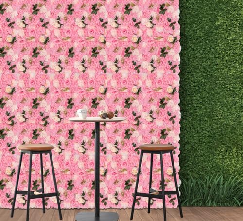 DNYSYSJ Flower Wall Backdrop, 6PCS 23.62" x 15.75" x 0.79" Lifelike Flowers Panel Pink Silk Fabric Dahlia Rose Greenery Aquatic Plants 3D Wall Flowers Wall Decor Flower Wall Panel Set - color: Pink Rose & Greenery, size: 6 pieces