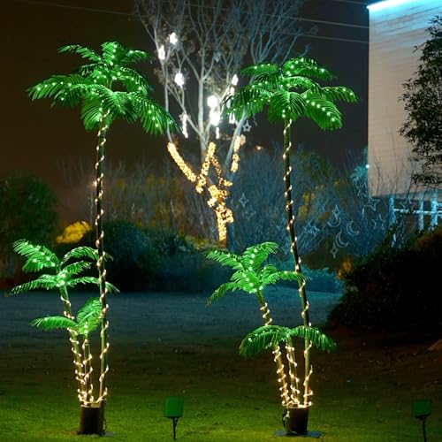 Solar Artificial Palm Tree Christmas Tree 7Ft 3Trunks 260LED Lighted Simulation Tropical Palm Tree Fake Plant Light for Patio Home Office Beach Yard Cruise Party Tiki Bar Decorations - style: 7FT Solar