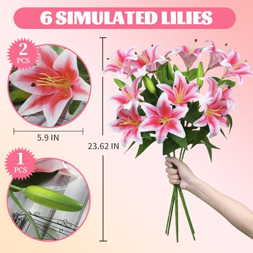 BloomLife Artificial Lily Flowers, 6 Stems with 12 Flowers & 6 Buds Total, Realistic Fake Flowers for Home Decor, White or Pink, 23.6" Tall, Wrinkle-Free & Bendable Stems for Vase Arrangements (Pink)