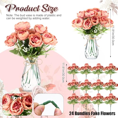 Zeyune 37 Pack Artificial Peonies Flowers with Bud Vase Bulk 24 Bundles Silk Peonies Bouquets 12 Plastic Clear Vase with 1 Rope Fake Flowers for Table Centerpiece Vases(Coffee,Perfume) - color: Coffee, style: Perfume