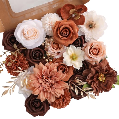Garisey Artificial Flowers Combo, Mix Silk Flowers Roses, Peonies, Dahlias with Stems for DIY Wedding Bridal Bouquets, Baby Shower, Table Centerpiece, Home Decor, Fake Floral Arrangements-Brown & Nude - color: Brown & Nude Color