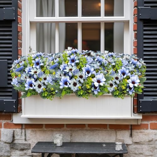 8 Bundles Fake Silk Daisy Outdoor Artificial Flowers UV Resistant Faux Plants Bright Colors for Front Porch Planter Balcony Patio Garden Home Indoor Decoration (Blue) - color: Blue