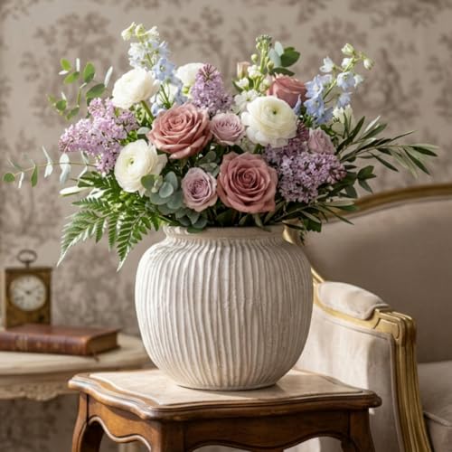Oakrain Large Rustic Decorative Vase, 9" Distressed Round Floor Vase for Home Decor, Farmhouse Centerpieces Planters for Living Room Indoor Outdoor Use, Vintage White - color: Vintage White, size: 9" Dia