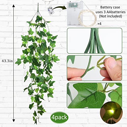 RECUTMS Hanging Fake Plants 4 Pack Artificial Vines Silk Ivy Greenery Garland with 30 LED Fairy String Lights Indoor and Outdoor Home Garden Hotel Green Leaves Wedding Bedroom Office Decoration - color: Hang-green Light