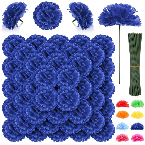 108pcs Carnation Head Flowers with Stem, Royal Blue Artificial Flowers Carnation Bulk - 3.5" Blue Silk Carnations Fake Flower for Bridal Wedding Bouquet Tables Centerpieces Grad Party Cemetary Decor - color: Royal Blue