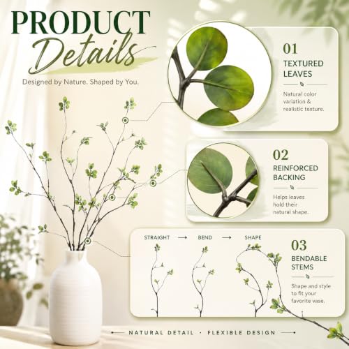 4 Pcs 38.5" Tall All-Green Artificial Branches with Leaves, Realistic Faux Ficus Greenery Stems, Bendable Fake Plant Twigs for Tall Floor Vases, Home Centerpiece, Office & Spring Decor - color: Green