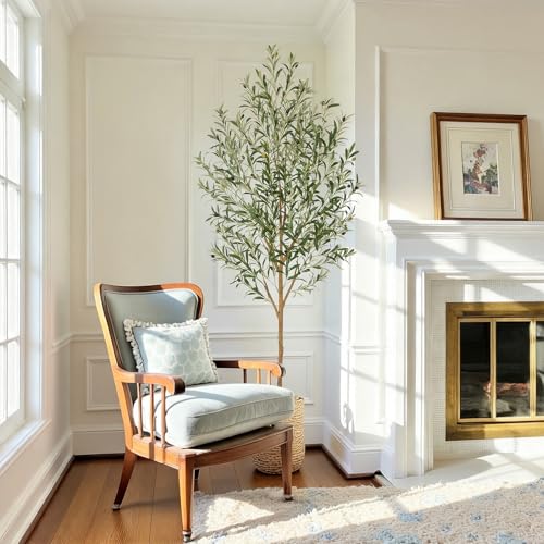 7ft Realistic Artificial Olive Tree with Real Wood Trunk, 84in Faux Olive Tree Indoor with Lifelike Leaves and Fruits, Faux Olive Tree for Home Office Living Room Bedroom Patio Decor - size: 7ft