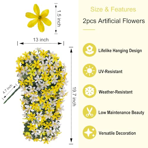Ivydale Artificial Lily Flowers for Outdoors Fake Hanging Flower Vines for Outside Decoration, UV Resistant 2PCS Faux Plants for Patio Porch Balcony Garden Yard, White & Yellow - color: White & Yellow