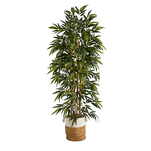 Nearly Natural 75in. Bamboo Artificial Tree in Handmade Natural Jute and Cotton Planter, Green
