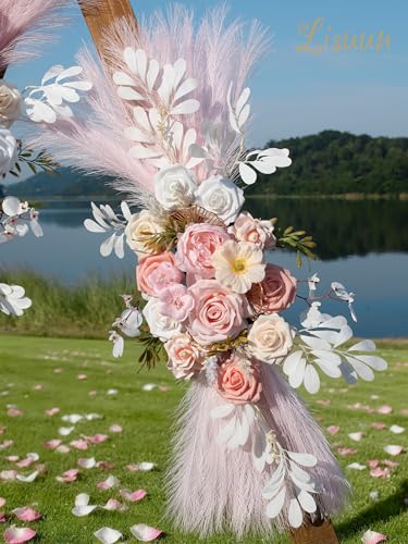 Lisuun Wedding Arch Flowers, Artificial Flowers for Decoration, Large Flower Swag for Boho Styles Wedding Ceremony Floral Decor - Pack of 2 - color: Pure White Flesh Pink Pampas