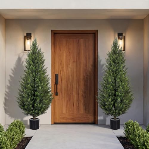 Artificial Cedar Trees 5FT Faux Cedar Topiary Evergreen Plants UV Resistant Outdoor Indoor Fake Cypress Pine Trees with Planter for Front Porch Entryway Patio Garden Home Decor Set of 2 - size: 5ft