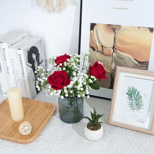 Fake Flowers Artificial Flowers Decorative Bouquet with Faux Baby's Breath, Velvet Roses Small Floral Arrangements for Wedding Table Centerpieces Home Décor - color: Red Rose