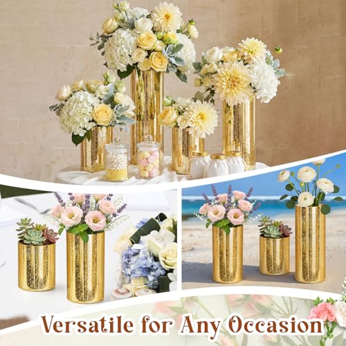 6 Pcs Gold Cylinder Vases for Centerpieces Mercury Vase Hurricane Vase Bulk Acrylic Round Wide Container for Flowers Home Office Wedding Table Decorations (4''/6''/8'') - color: Gold, size: 4''/6''/8''