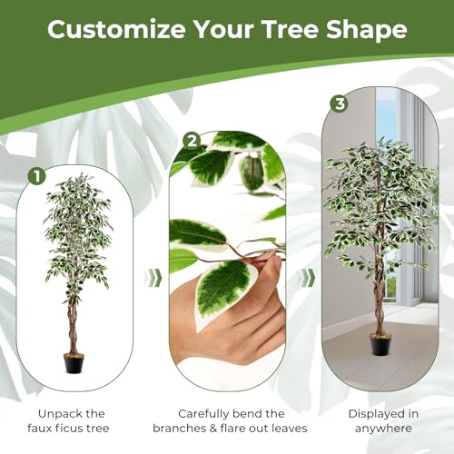 Goplus Artificial Ficus Tree, 5.5ft Tall Lush Faux Tree for Home Decor Indoor with 1008 Leaves, Sturdy Nursery Pot, Decorative Fake Ficus Tree Artificial Plants for Office, Living Room, Porch
