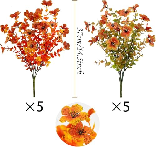 Artificial Fall Flowers for Outdoors,Faux Silk Flowers Fall Decorations,Fake Mums Eucalyptus Plants Christmas Halloween Decor for Outdoor Patio,Window Planter Autumn Fall Decor(10PCS,Orange) - color: 3(aut+gc)