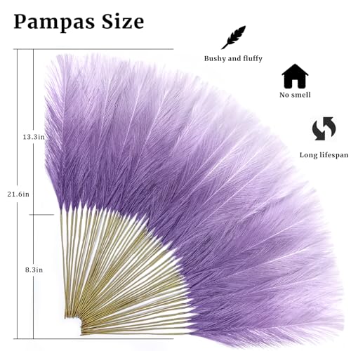 TORONTOKYO ORONTOKYO Gradient Purple Pampas Grass Decor, 50Pcs 21.6 inch Artificial Faux Pompas Grass Small Fluffy Arrangement for Wedding Boho Home Decor Vase Filler - color: Purple, size: 21.6inch-50Pcs