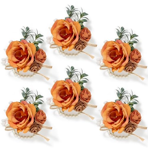 Serwalin 6 PCS Wrist Corsages for Wedding, Girl/Mother Bride Bridesmaids Corsages Wristlet Decor for Prom Wedding Anniversary Homecoming, Orange - color: Orange, size: Corsage 6pcs