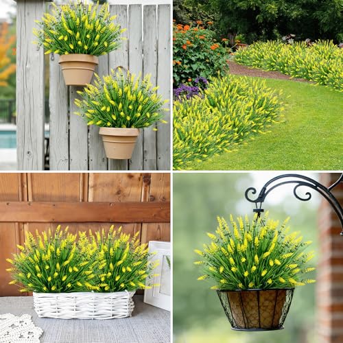 Bassion Artificial Flowers for Outdoors, 24 Bundles Fake Lavender Flowers UV Resistant Yellow Plastic Plants Faux Monkey Grass for Home Porch Garden Window Box Indoor Outdoor Decorations - color: Yellow, size: 24 Bundles
