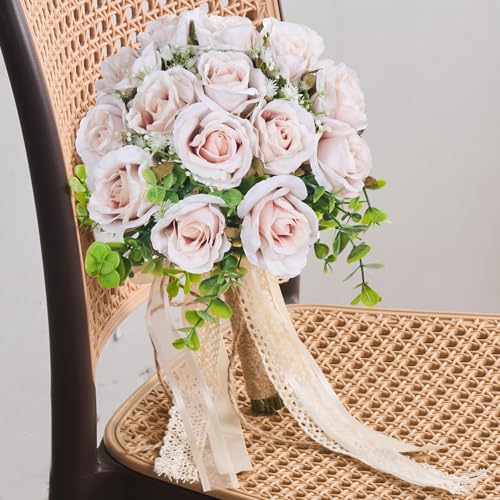 Wedding Bouquets Large for Bride, Bridal Silk Artificial Flowers 14pcs Pink Champagne Roses 10 in Fake Flowers for Wedding Party, Ceremony, Anniversary & Home Decor(Come with 4 kinds of Ribbons) - color: Pink Champagne, size: 14pcs*10 inches
