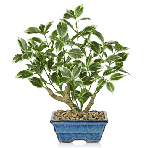 Fake Plants Small Artificial Plants Indoor 15.3" Fake Potted Plants Realistic Faux House Topiary Plants with Blue Ceramic Pot for Home Office Bathroom Kitchen Farmhouse Table Centerpieces Shelf Decor - color: White -Blue Pot