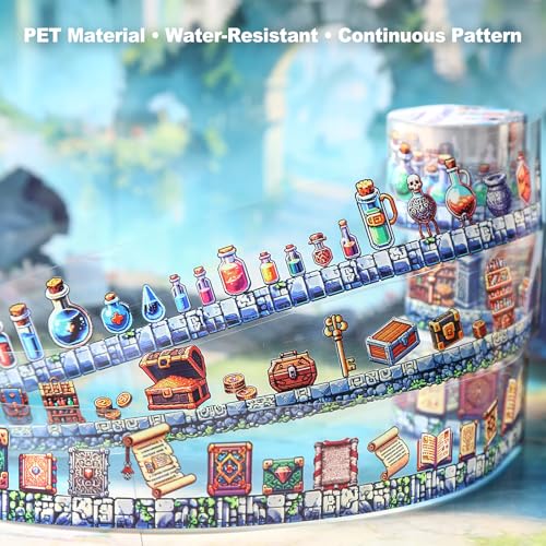 Pixel Adventure PET Tape Set with Clip, 6 Rolls Medieval Castle Potion Fantasy Decorative Tape for Scrapbook Journal Planner Collage DIY - color: Adventure Game